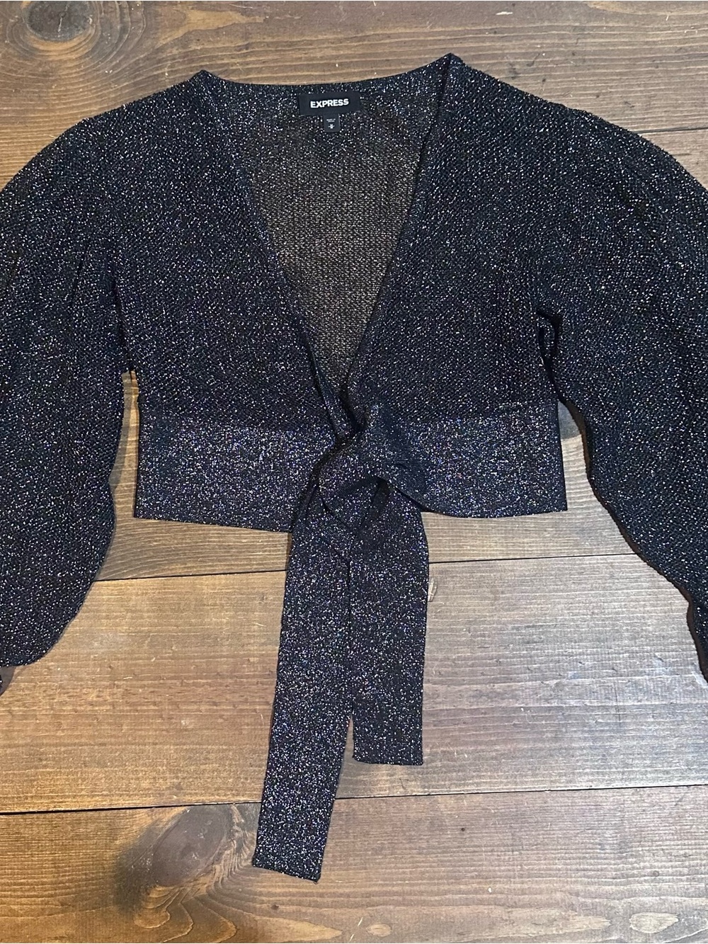 Express Black Sparkle Tie-Front Cropped Cardigan